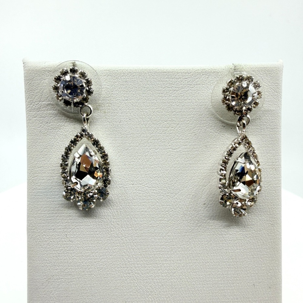 Vintage Y2K Silver Tone Rhinestone Teardrop Dangle Earrings Classic